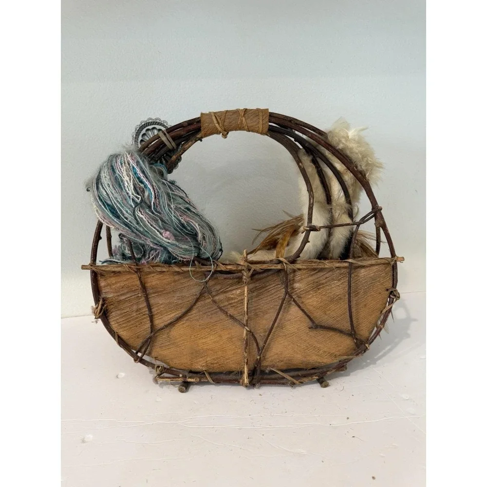 Vintage Native American Style Twig Basket Wreath Rabbit Fur Feather Concho 14